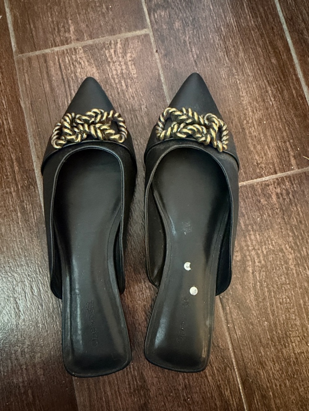 Black Pointed Toe Slip-On Flats with Gold Chain Accent Open Edit